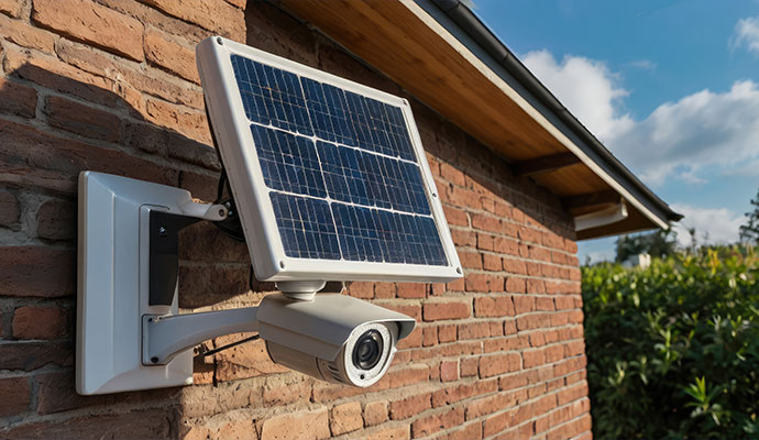 Solar-powered security camera installed on brick wall
