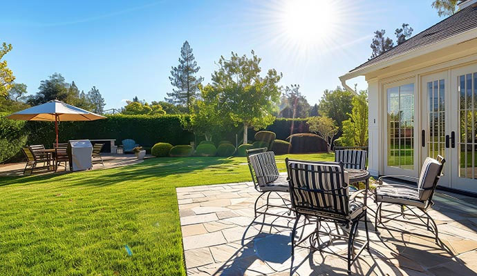 Landscaped backyard with stone patio dining tables and chairs