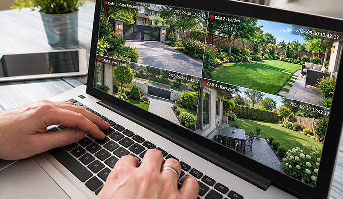 Laptop displaying multi-camera outdoor security video monitoring feeds