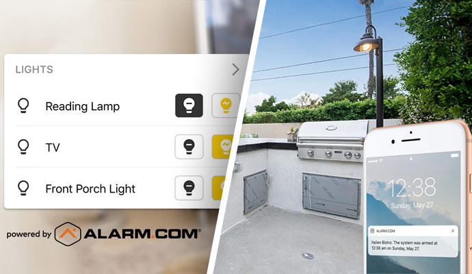 Collage of lighting control and outdoor kitchen