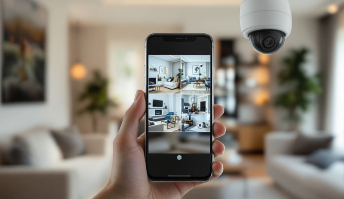 Person using a smartphone to monitor indoor security camera footage in a living room