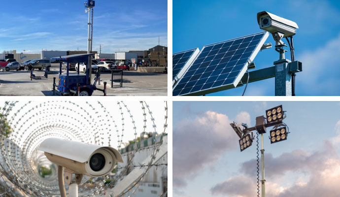 Collage of a mobile security trailer, solar-powered security camera, perimeter razor wire camera, and outdoor security lights