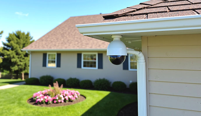 Outdoor dome security camera installed under roof eave of a home