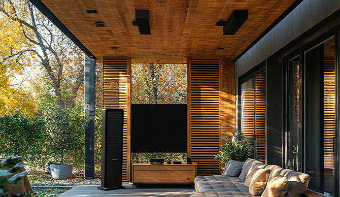 Outdoor patio audio sound system with standing and ceiling speakers