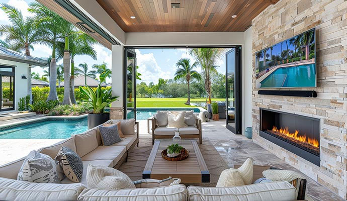 Outdoor covered patio with wall-mounted waterproof TV and fireplace