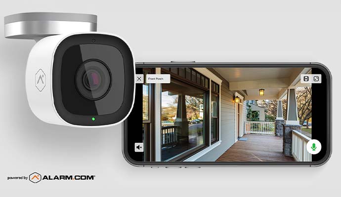 Outdoor security camera and mobile app showing live porch feed