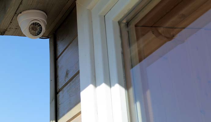 Outdoor dome security camera installed under roof eaves next to window