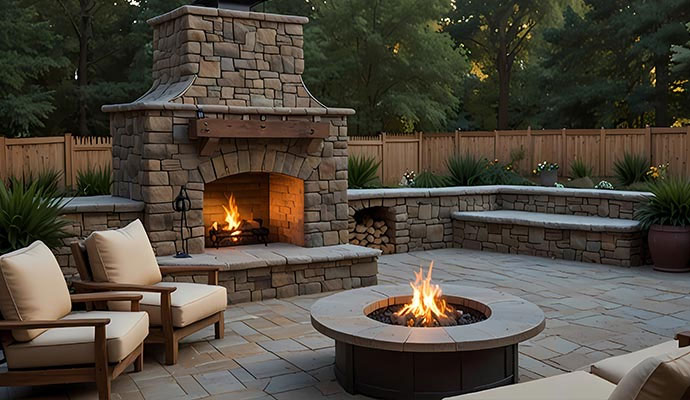 Outdoor stone fireplace and burning fire pit on flagstone patio