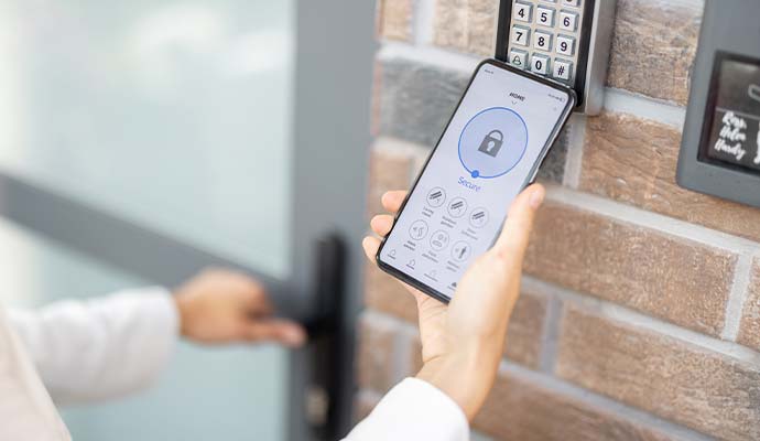 Smartphone displaying door lock control app next to brick wall intercom keypad reader