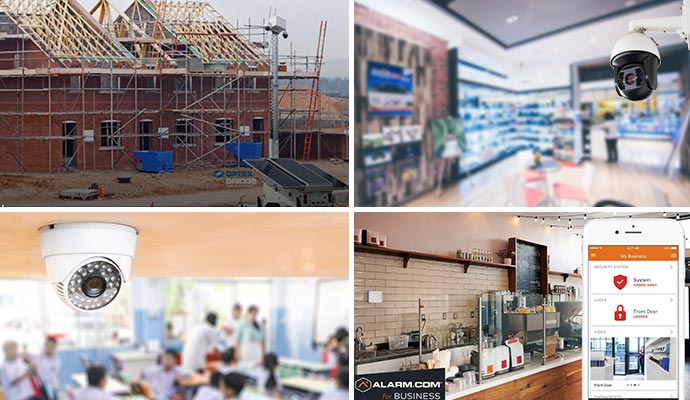 Collage of security system in construction site, retail store, school, and small business