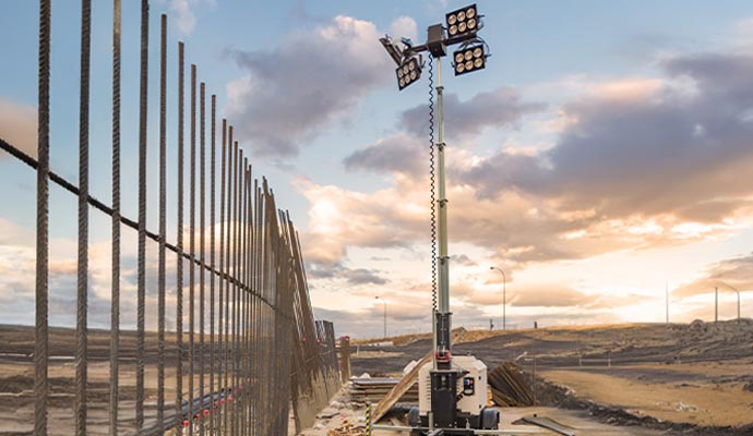 Portable construction site lighting and security tower.