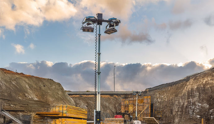 Portable construction site security lighting and tower.