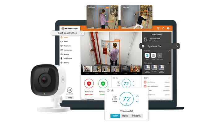 Security dashboard on a laptop with camera and thermostat controls.