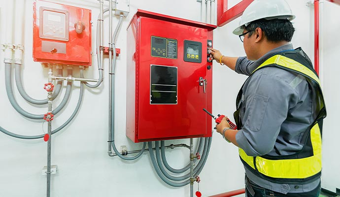Professional worker monitoring a fire alarm system mounted on the wall