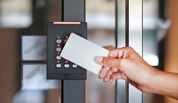 Keycard reader door access control system for business property