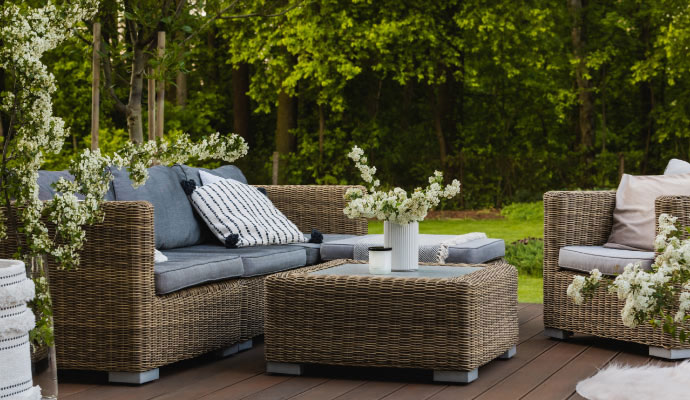Outdoor living space with comfortable patio wicker furniture