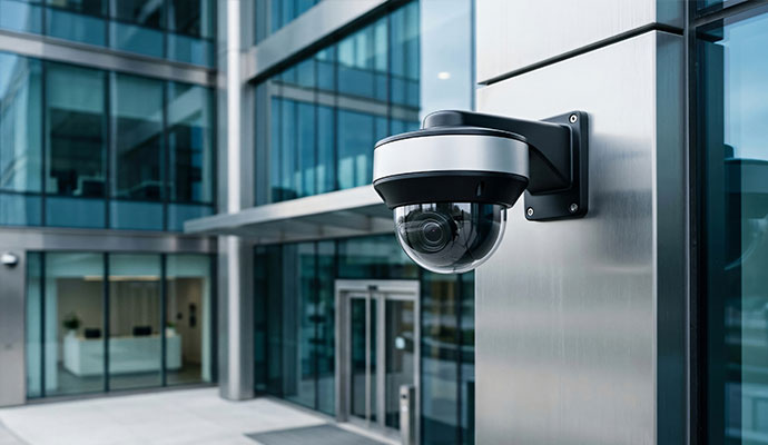 Security camera installed on a new commercial construction building