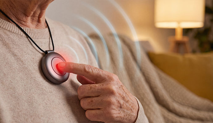 Senior person pressing an emergency medical alert button