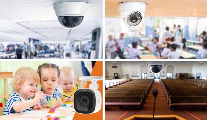 Collage of security camera monitoring systems used in retail, schools, childcare centers and churches