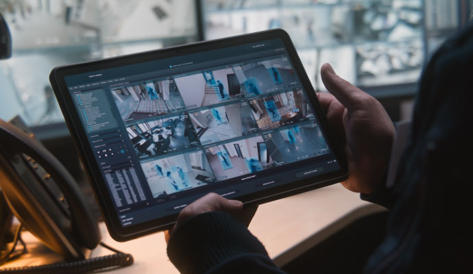 Person viewing multiple security camera feeds on a tablet monitoring dashboard