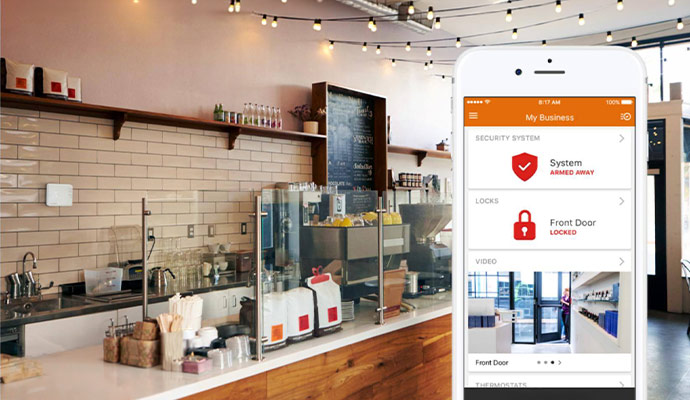 Cafe interior with smart lock and alarm app control