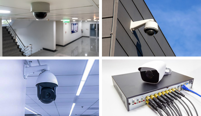 Collage of CCTV security camera types and DVR system