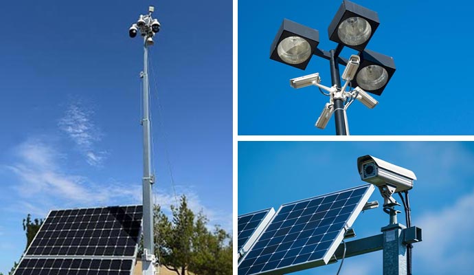 Collage of portable solar surveillance towers and integrated outdoor security camera lighting.