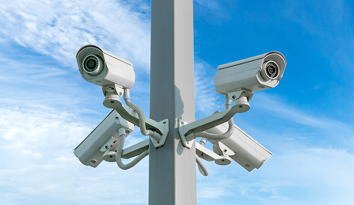 Outdoor bullet security cameras pole-mounted