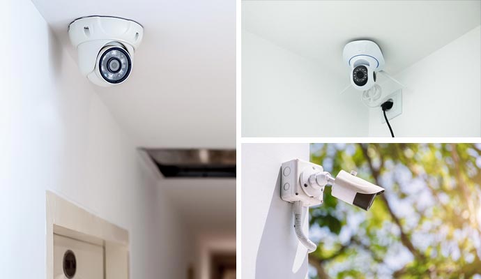 Collage showing various indoor and outdoor security camera installations.