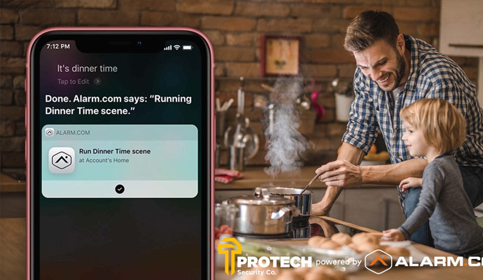 A voice-controlled device being used to set an alarm for dinner time.