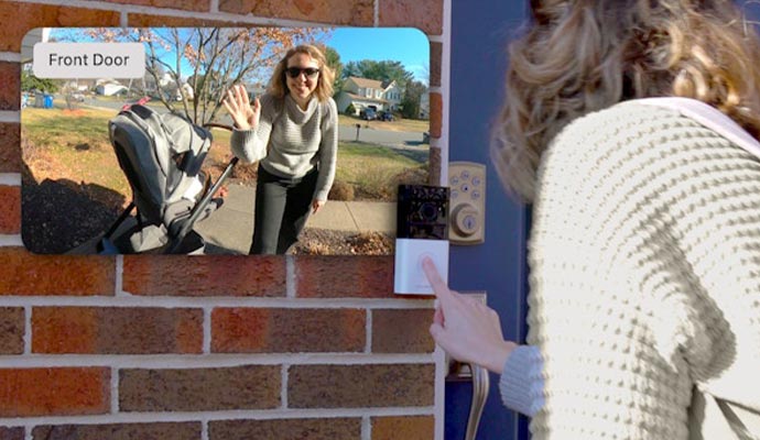 A smart doorbell camera on wall