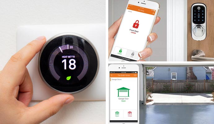 Collage of smart thermostat, mobile door lock control and garage door automation technology