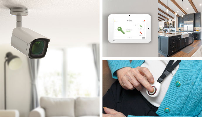 Collage of indoor security camera, interactive control panel, and medical alert system pendant