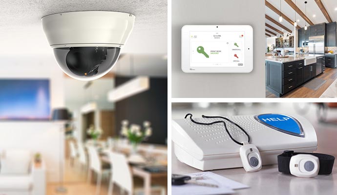 Collage of indoor security camera smart home control panel and emergency medical alert system