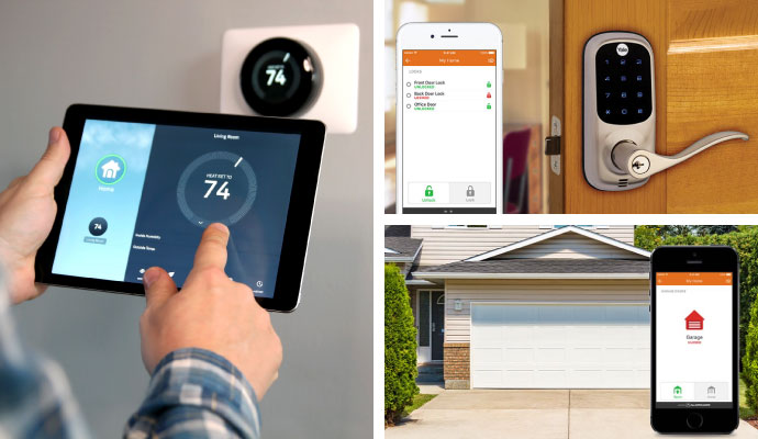 Collage of smart thermostat control, smart door lock app, and garage door remote access