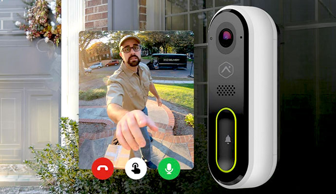 Smart video doorbell camera showing live delivery visitor call