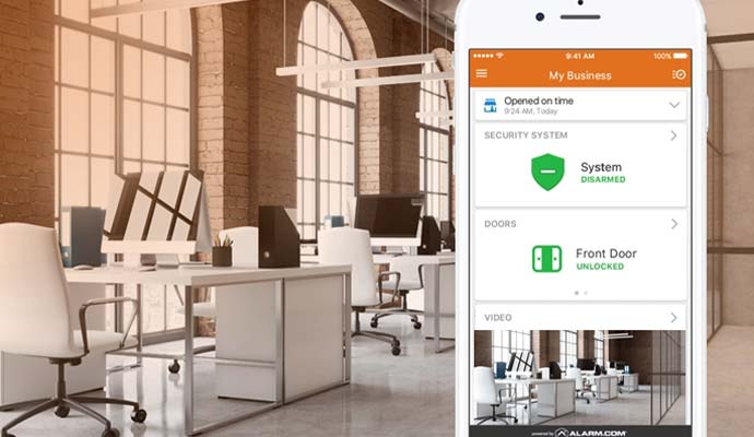 Smartphone displaying office commercial security system controls and video feed