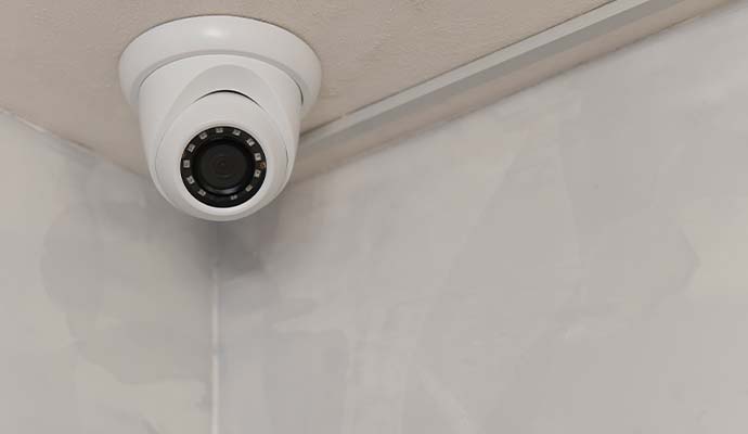 Turret security camera mounted on ceiling corner