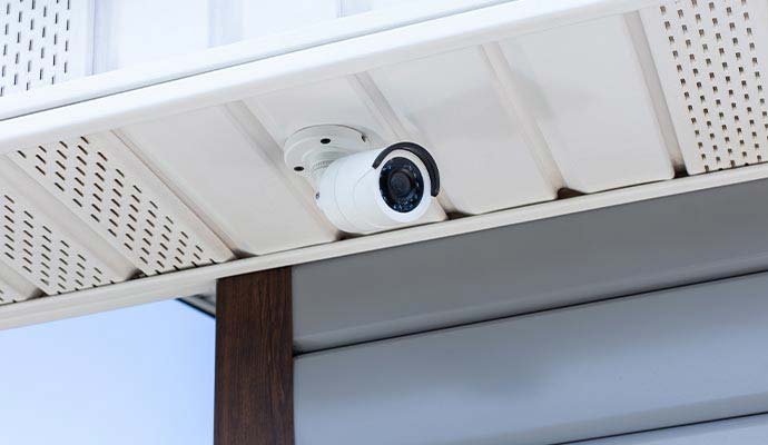 Wireless outdoor security camera installed under roof soffit